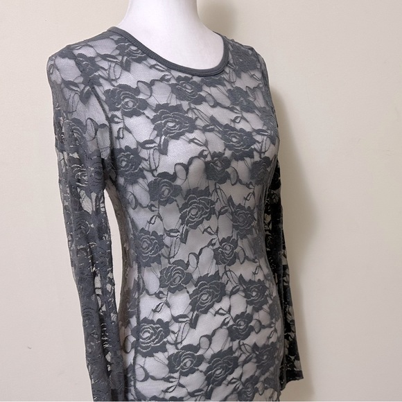 Color Story Sexy Sheer Gray Lace Roses Stretch Top Long Sleeves Pullover Top S/M - Picture 6 of 15